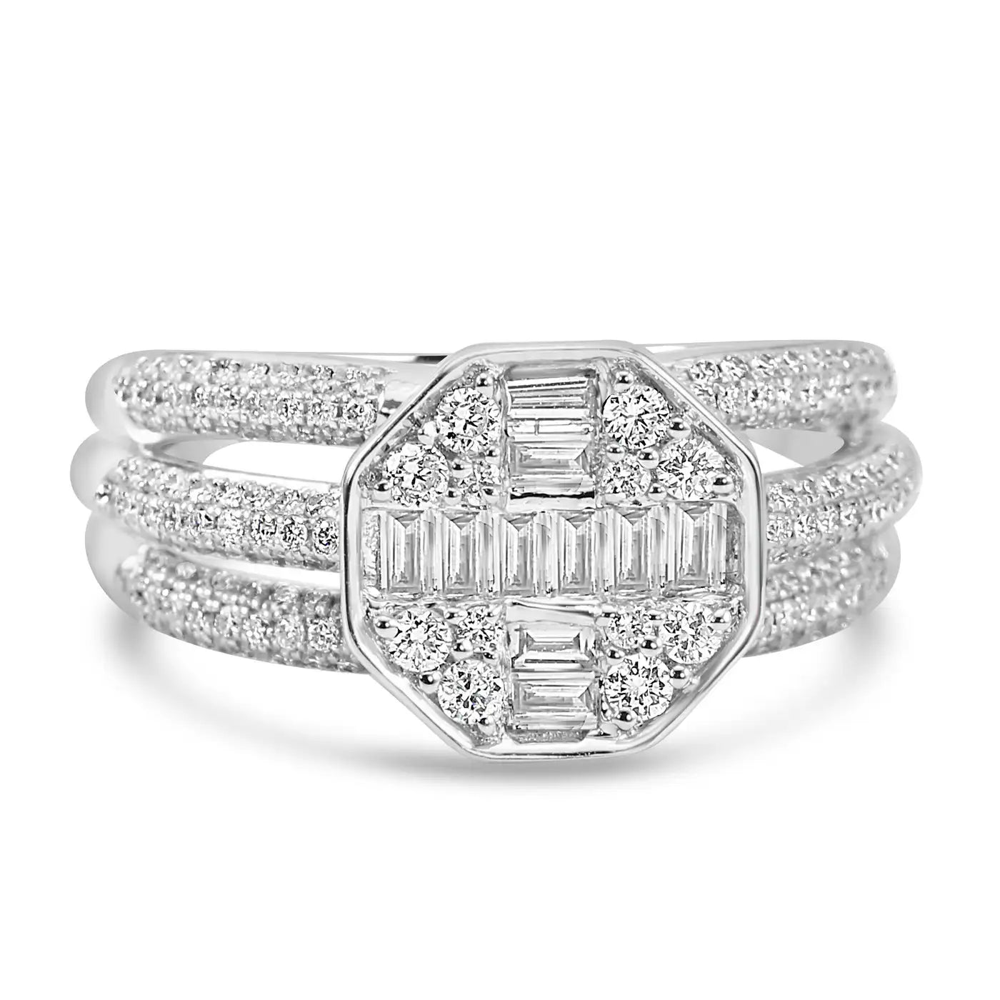 Engagement Ring With Baguette & Round Diamonds 14 Karat White Gold