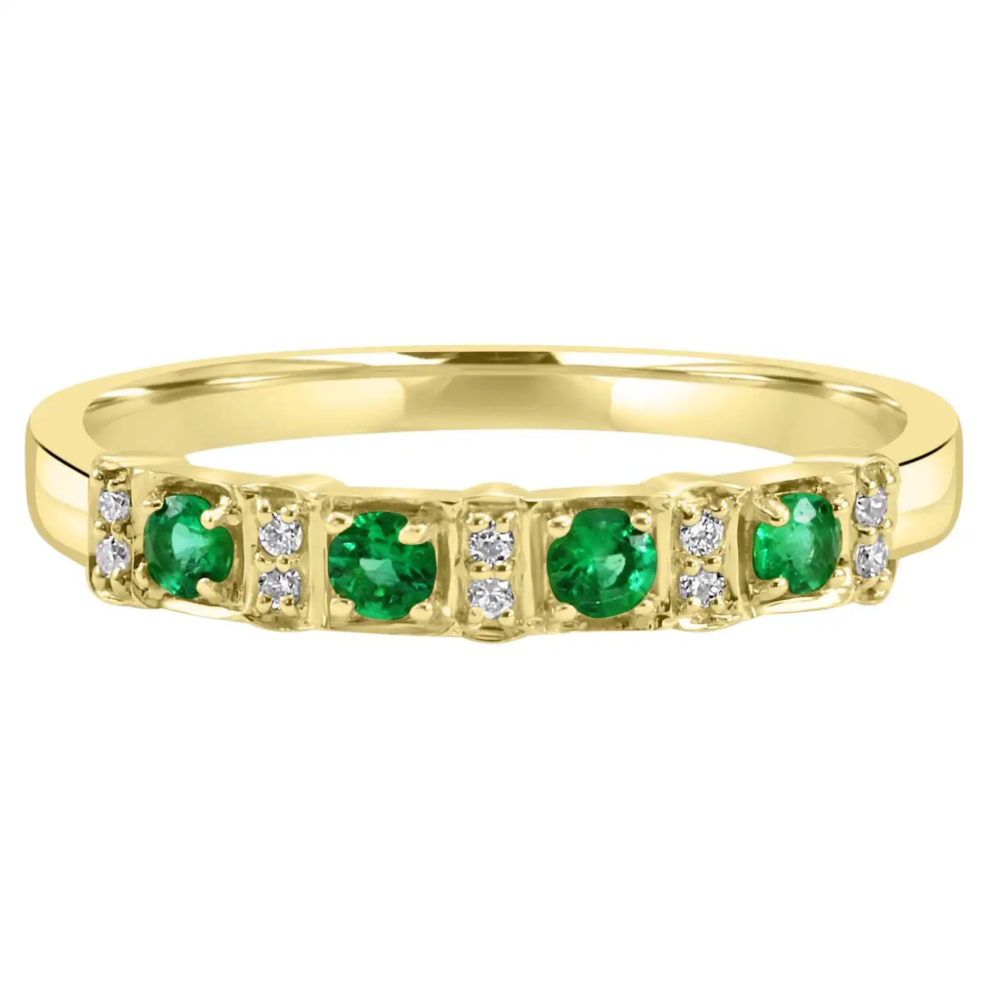 Emerald And White Diamond 14 Stone In 18 Karat Yellow Gold Engagement Band Ring