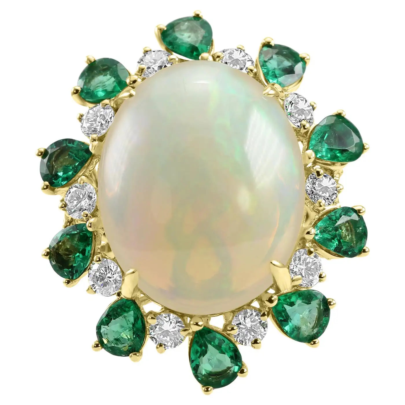 Anillo de cóctel de ópalo con esmeralda y diamantes en oro amarillo de 18 quilates