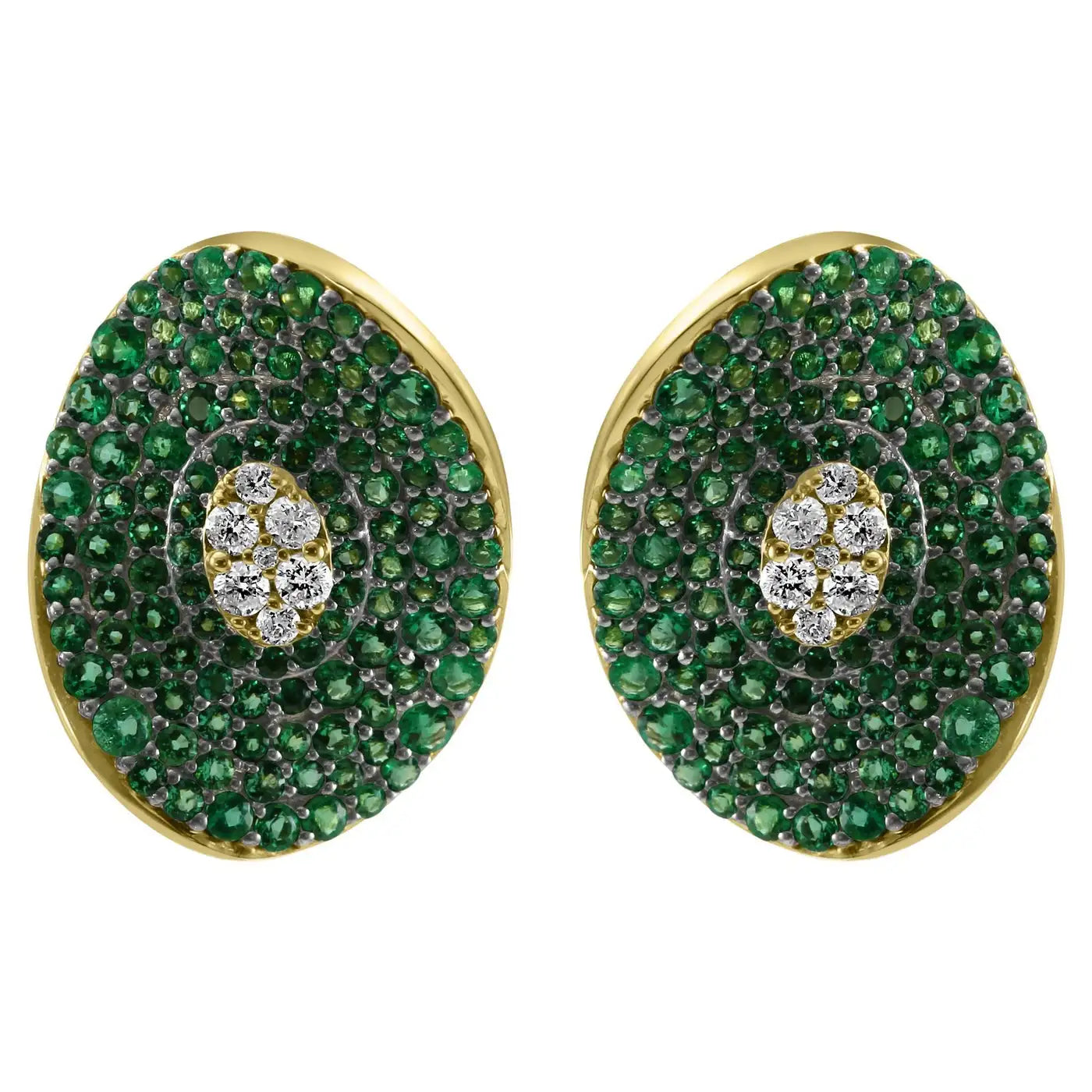 Emerald White Diamond Round 14K Gold Fancy Cocktail Stud Earring