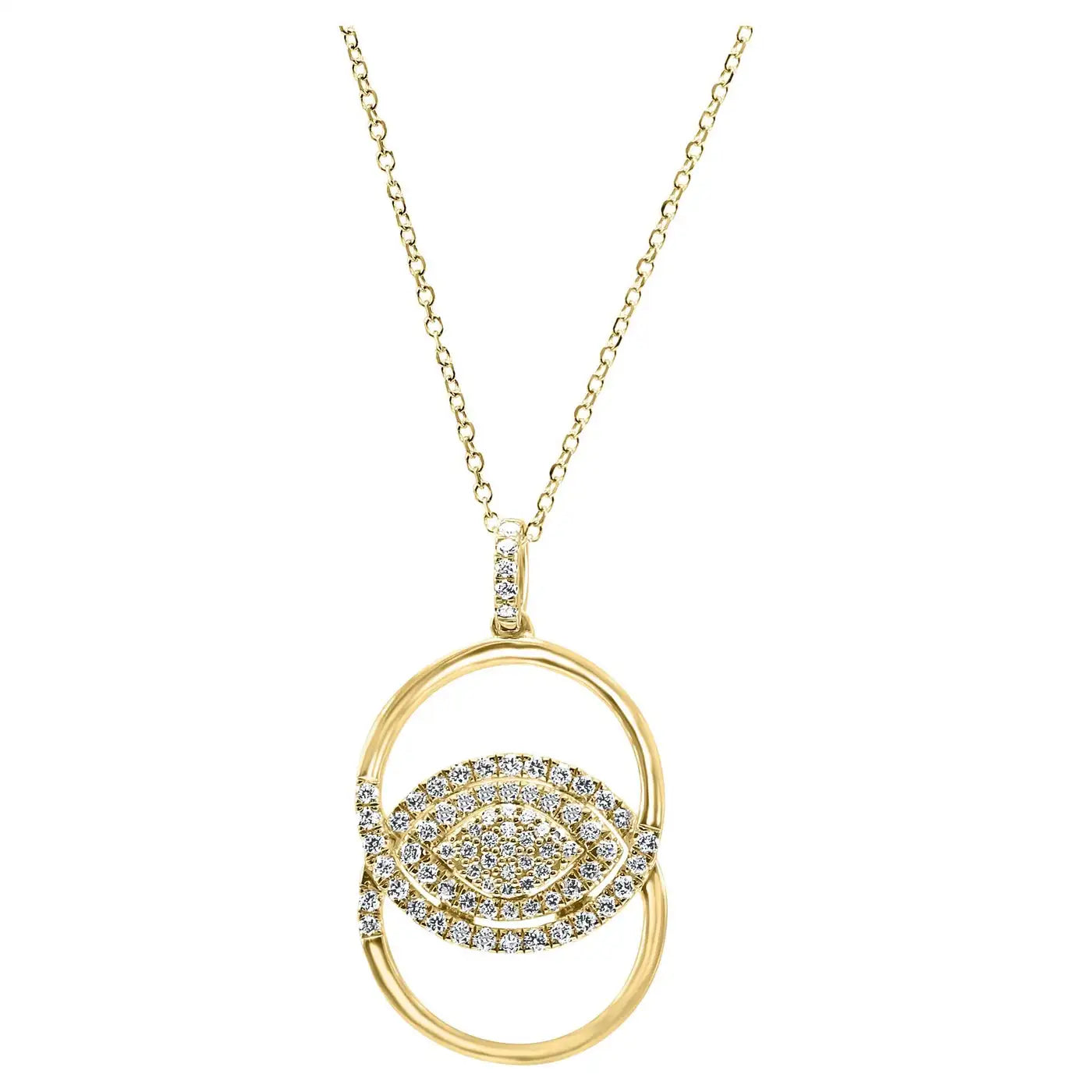 Collar con colgante de cadena con forma de ojo malvado en oro de 14 quilates y diamantes blancos redondos