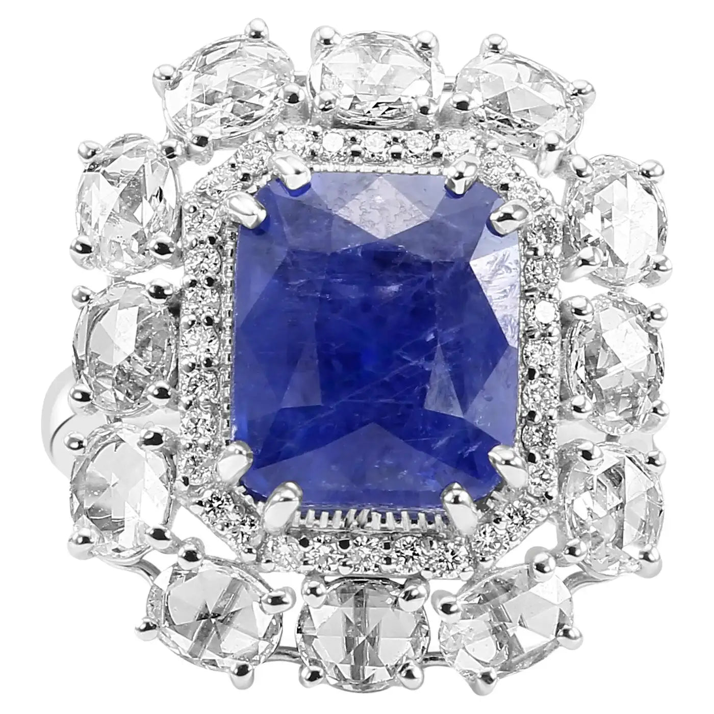 Anillo de compromiso nupcial con halo de oro de 18 quilates y diamantes y zafiro de Ceilán de estilo art déco