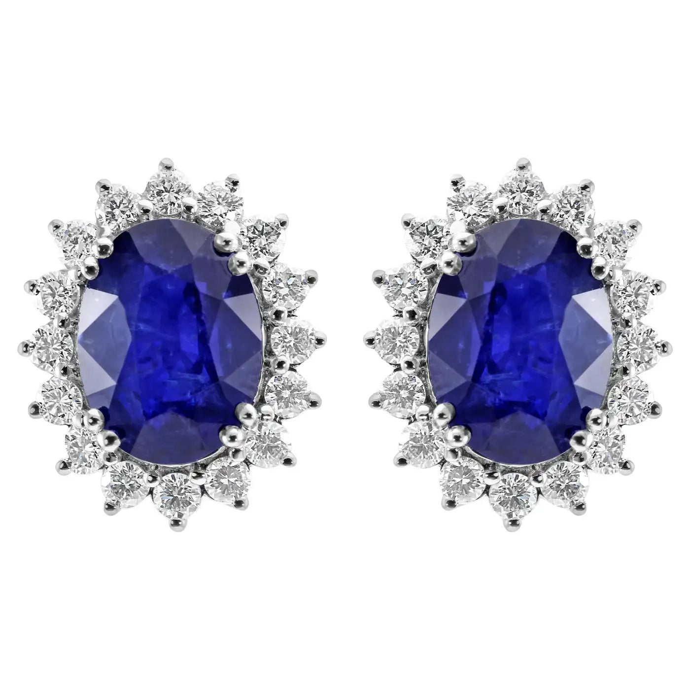 18K Gold Stud Earring Ceylon Sapphire Oval 10.05 Carats And White Rounds Diamonds Halo