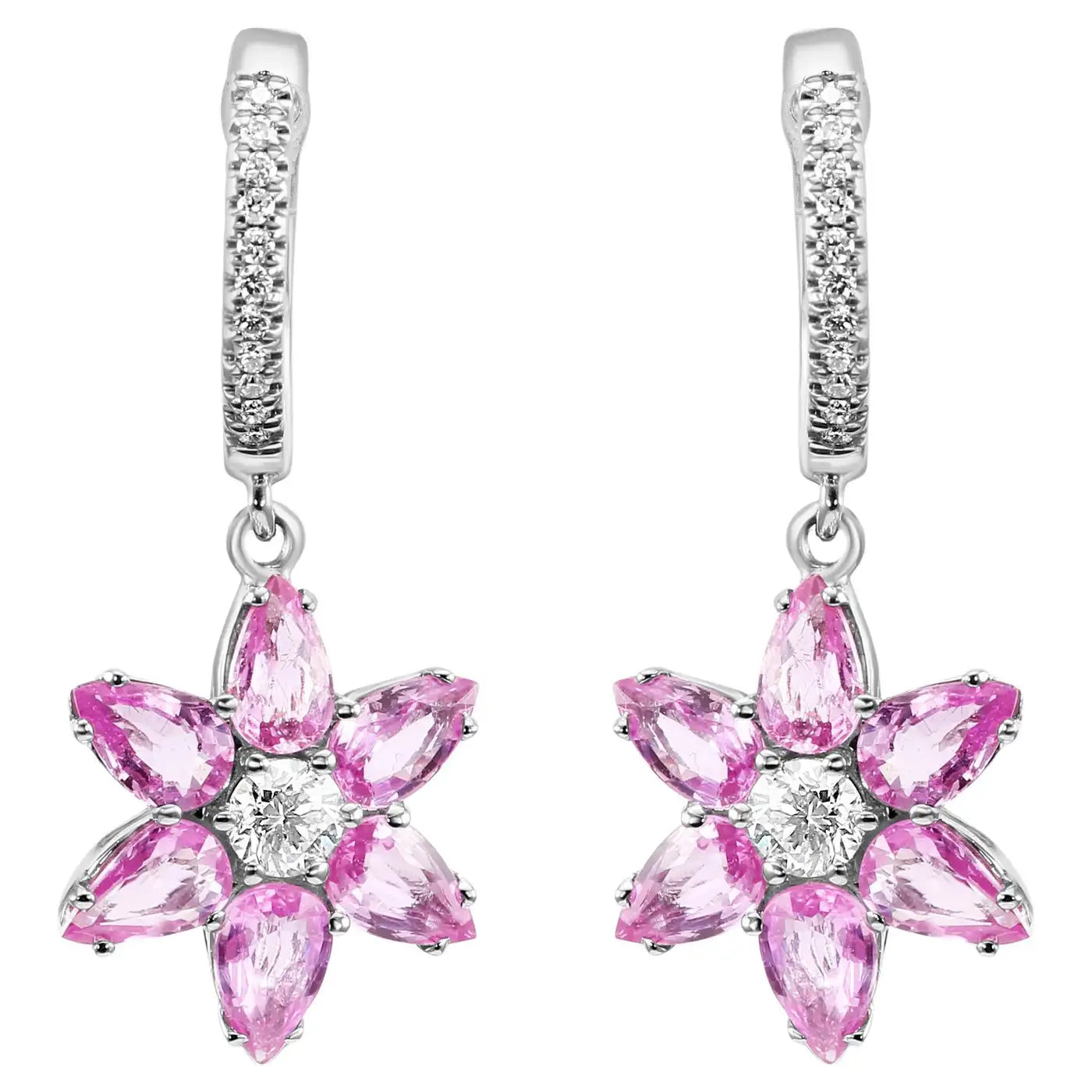 Pink Sapphire Diamond Round 18K Gold Flower Shape Dangle Earrings