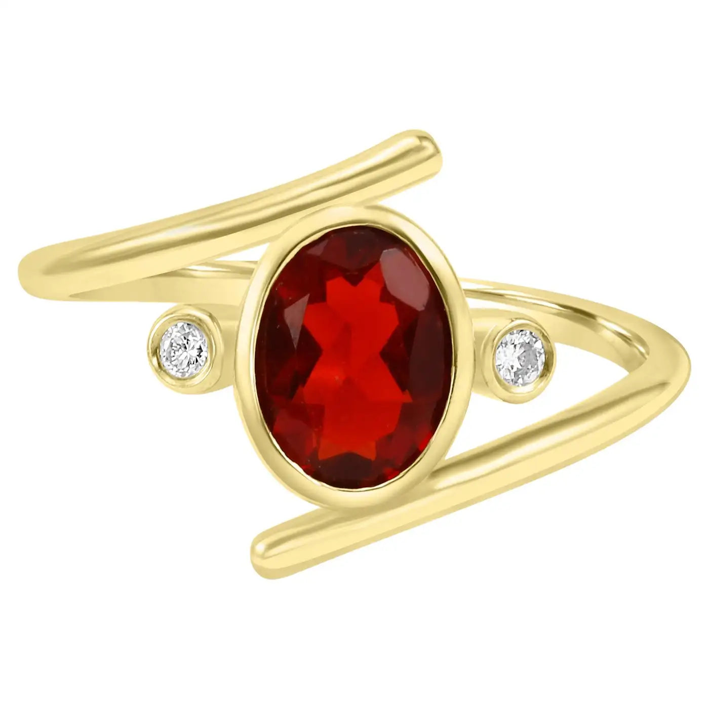 Fire Opal Oval With TwoRound White Diamond 14K Yellow Gold Engagement Swirl Bezel Ring