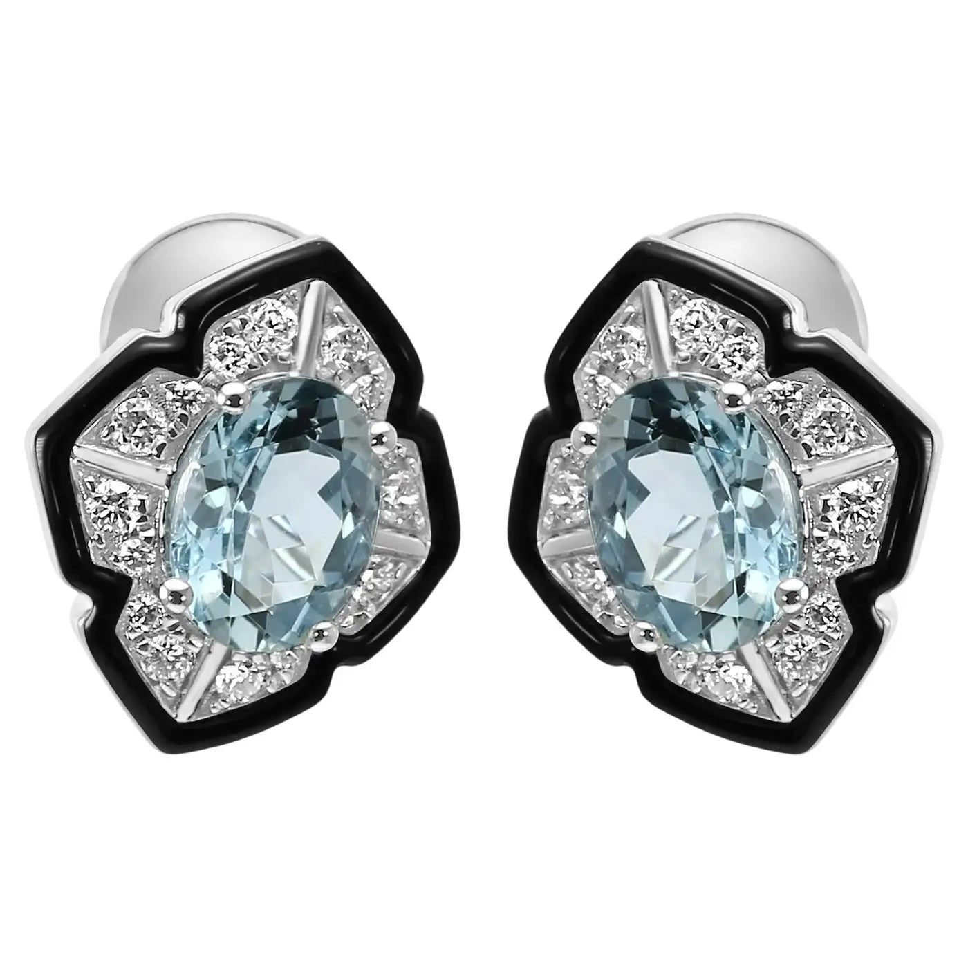 Pendientes elegantes de estilo art déco con esmalte en oro de 14 quilates y diamantes ovalados y aguamarina