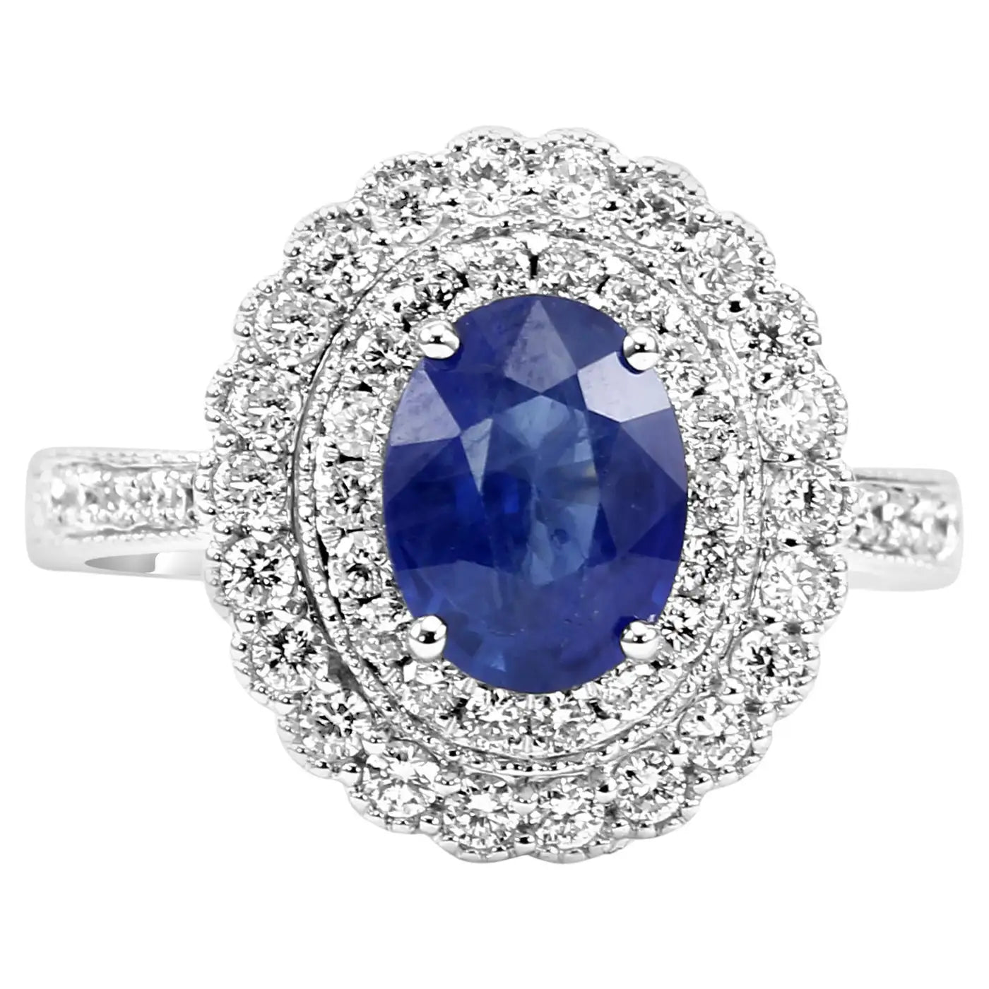 Anillo de compromiso de oro de 18 quilates con halo doble de diamantes blancos y zafiro de Ceilán