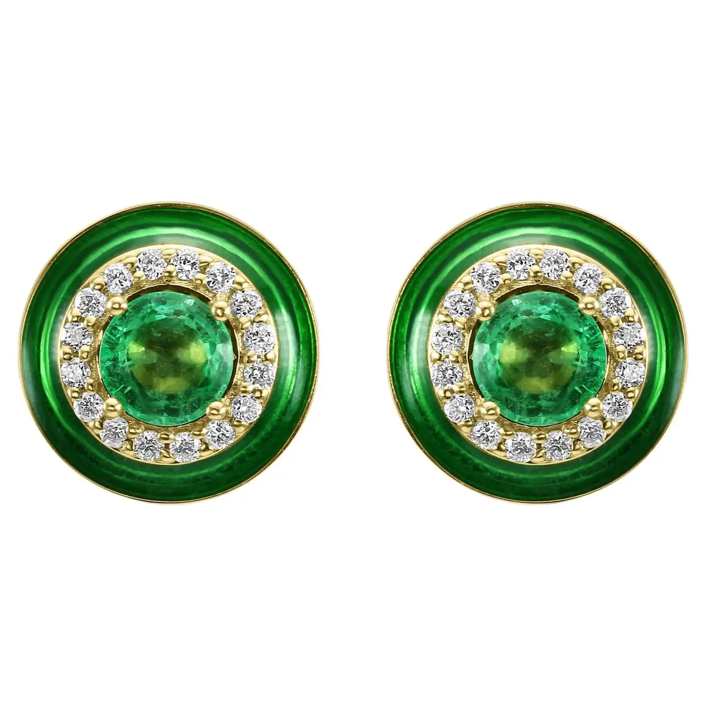 Pendiente de oro de 18 quilates con halo de esmalte verde y diamantes blancos redondos de esmeralda