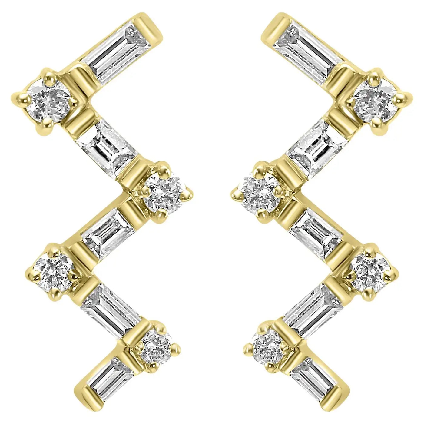 White Diamond Baguette & Round 14K Gold "ZIG-ZAG" Stud Earring