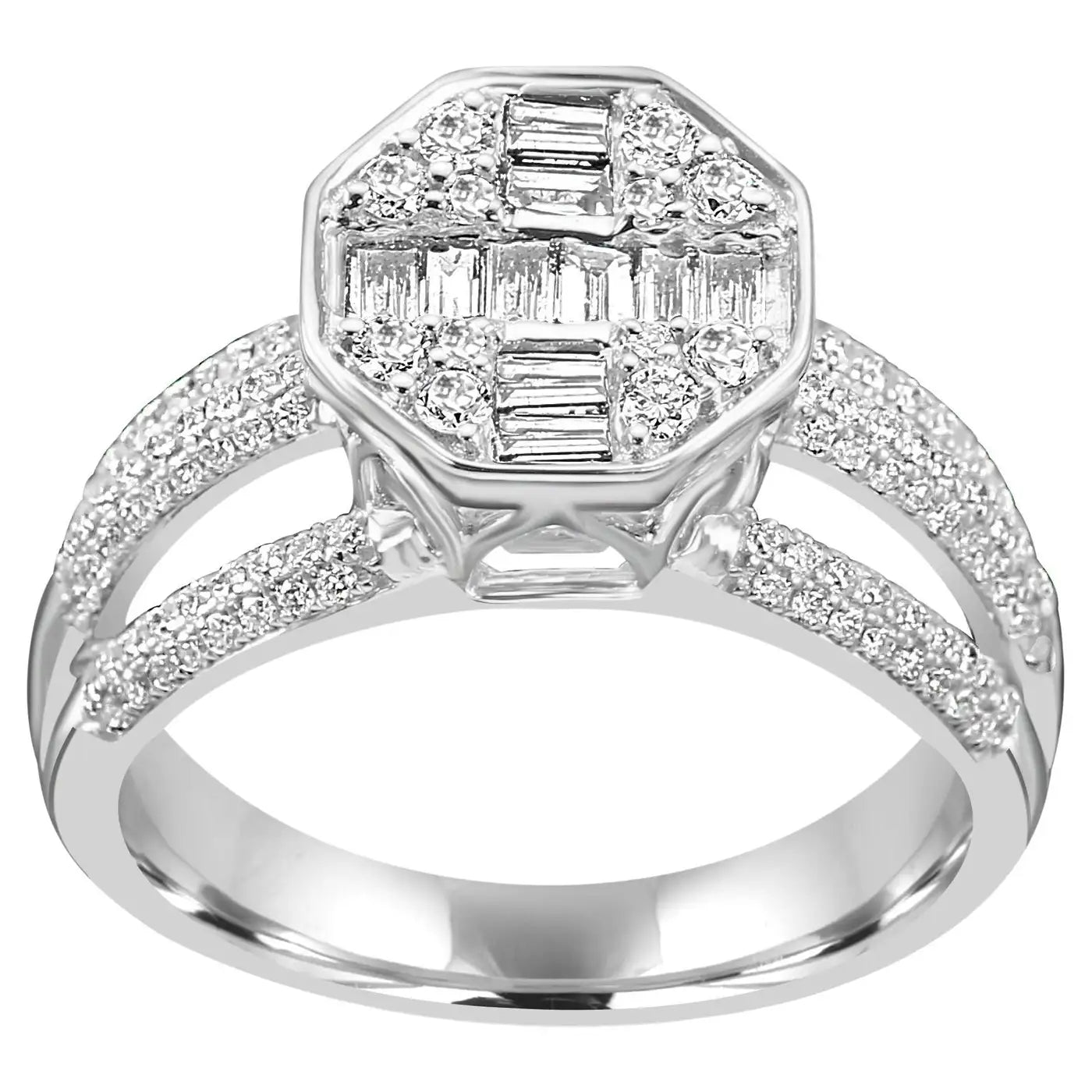 Engagement Ring With Baguette & Round Diamonds 14 Karat White Gold