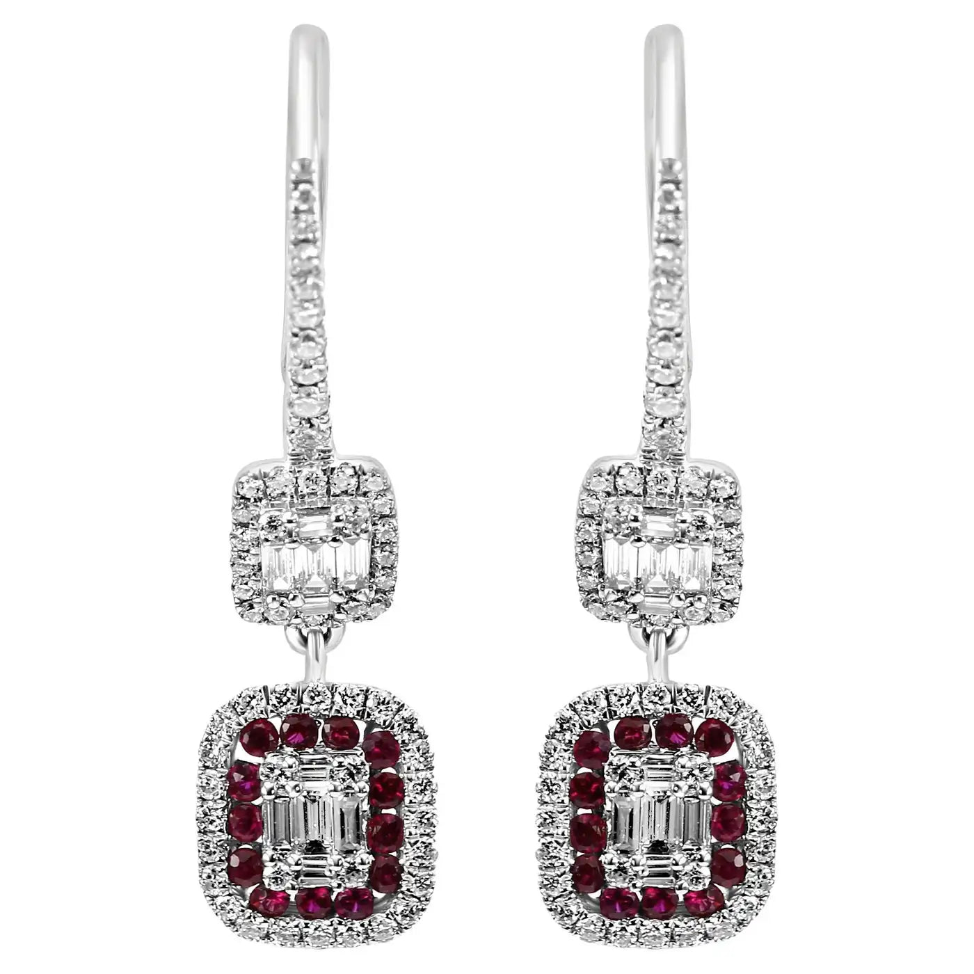 18k White Gold Dangle Drop Earrings Ruby Round & Diamond Baguette