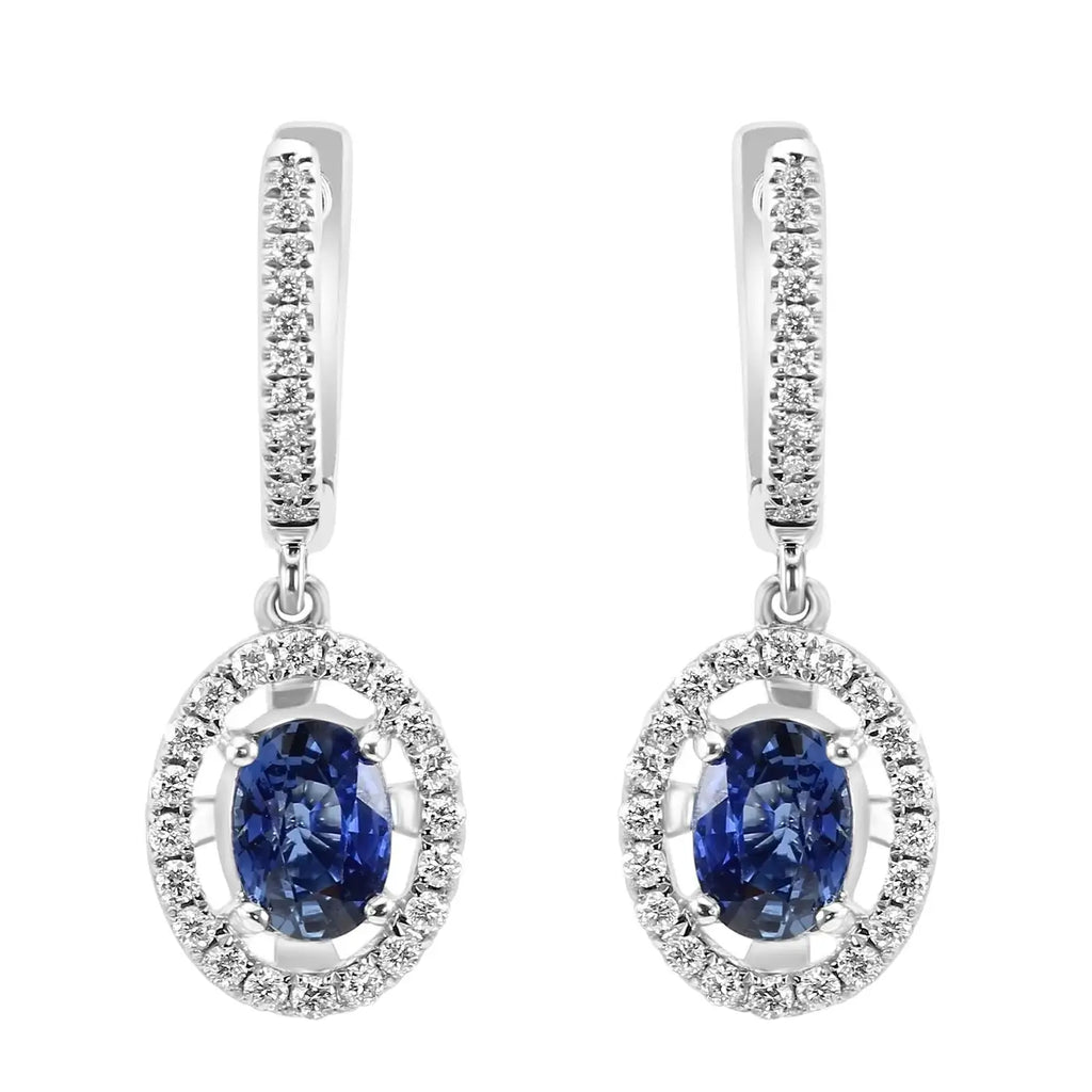 Pendiente colgante de oro de 18 quilates con zafiro azul ovalado y diamantes redondos blancos