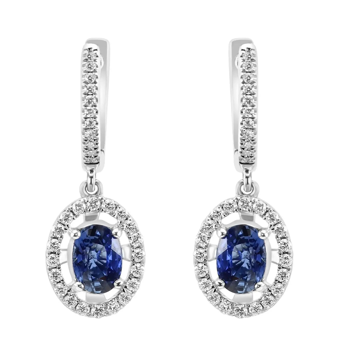 Blue Sapphire Oval and White Round Diamonds 18K Gold Dangle Earring