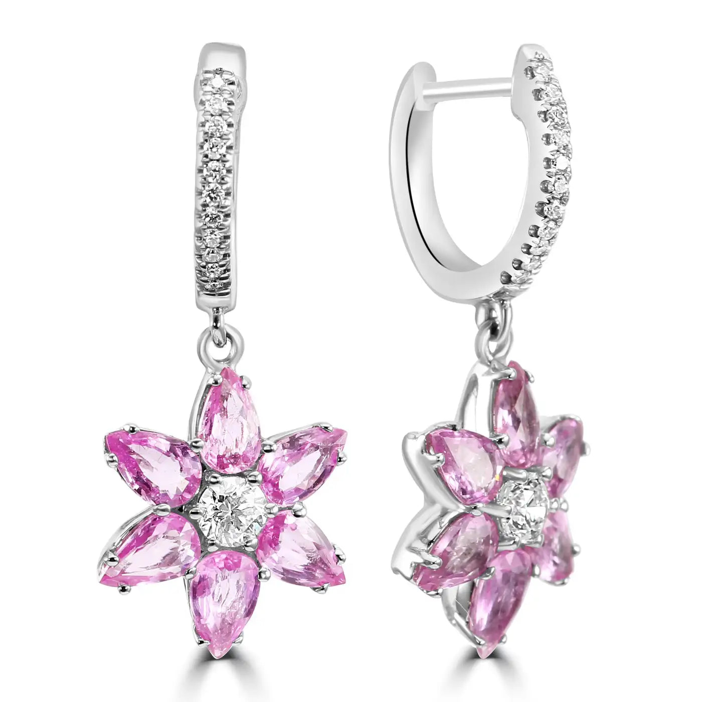 Pink Sapphire Diamond Round 18K Gold Flower Shape Dangle Earrings