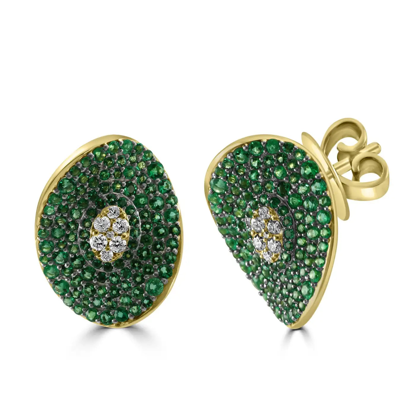 Emerald White Diamond Round 14K Gold Fancy Cocktail Stud Earring