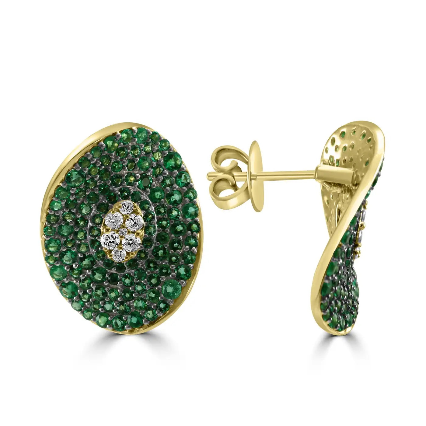 Emerald White Diamond Round 14K Gold Fancy Cocktail Stud Earring