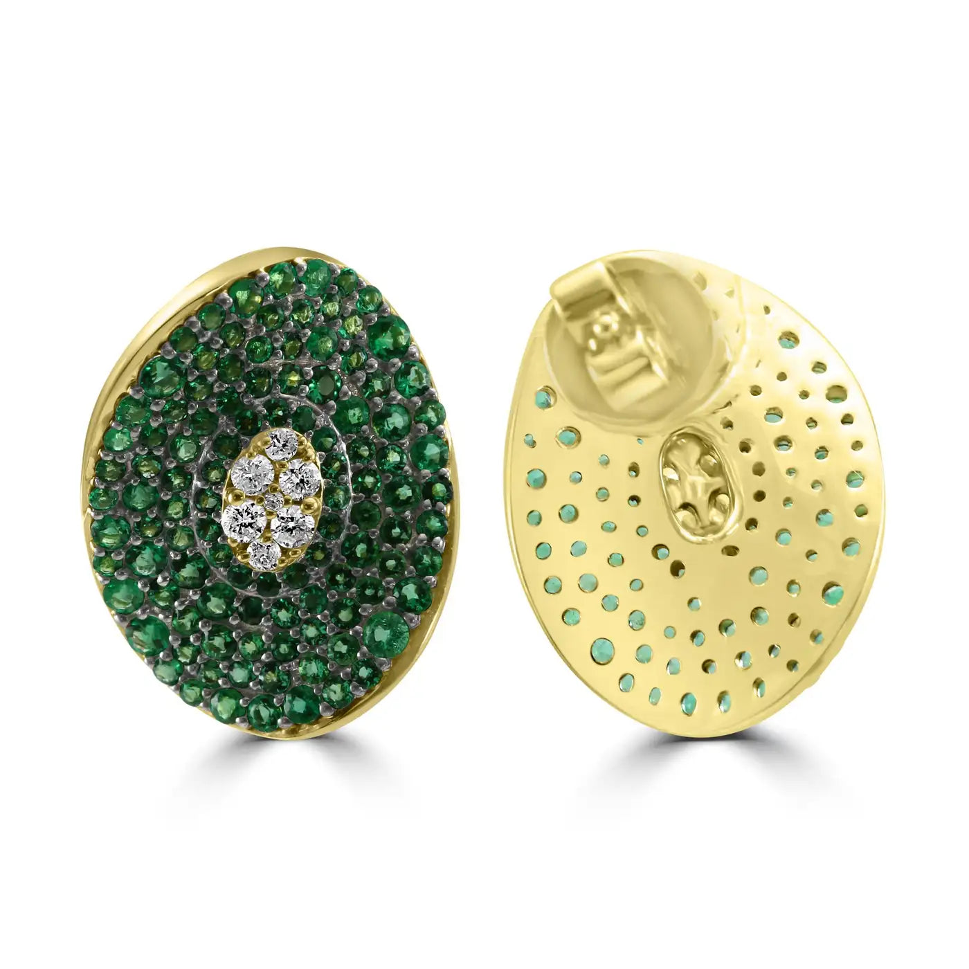 Emerald White Diamond Round 14K Gold Fancy Cocktail Stud Earring