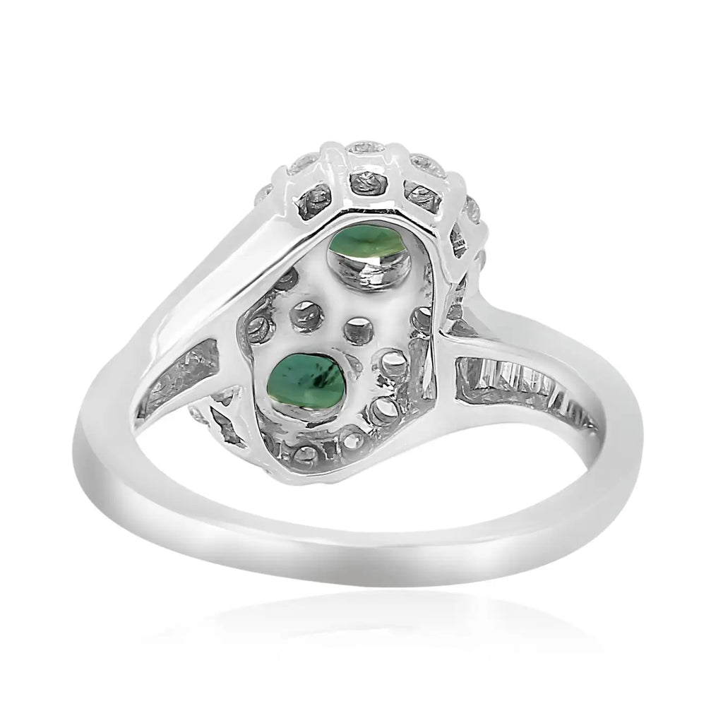 Anillo Toi et Moi de compromiso de oro de 18 quilates con halo de diamantes redondos de talla baguette y alejandrita