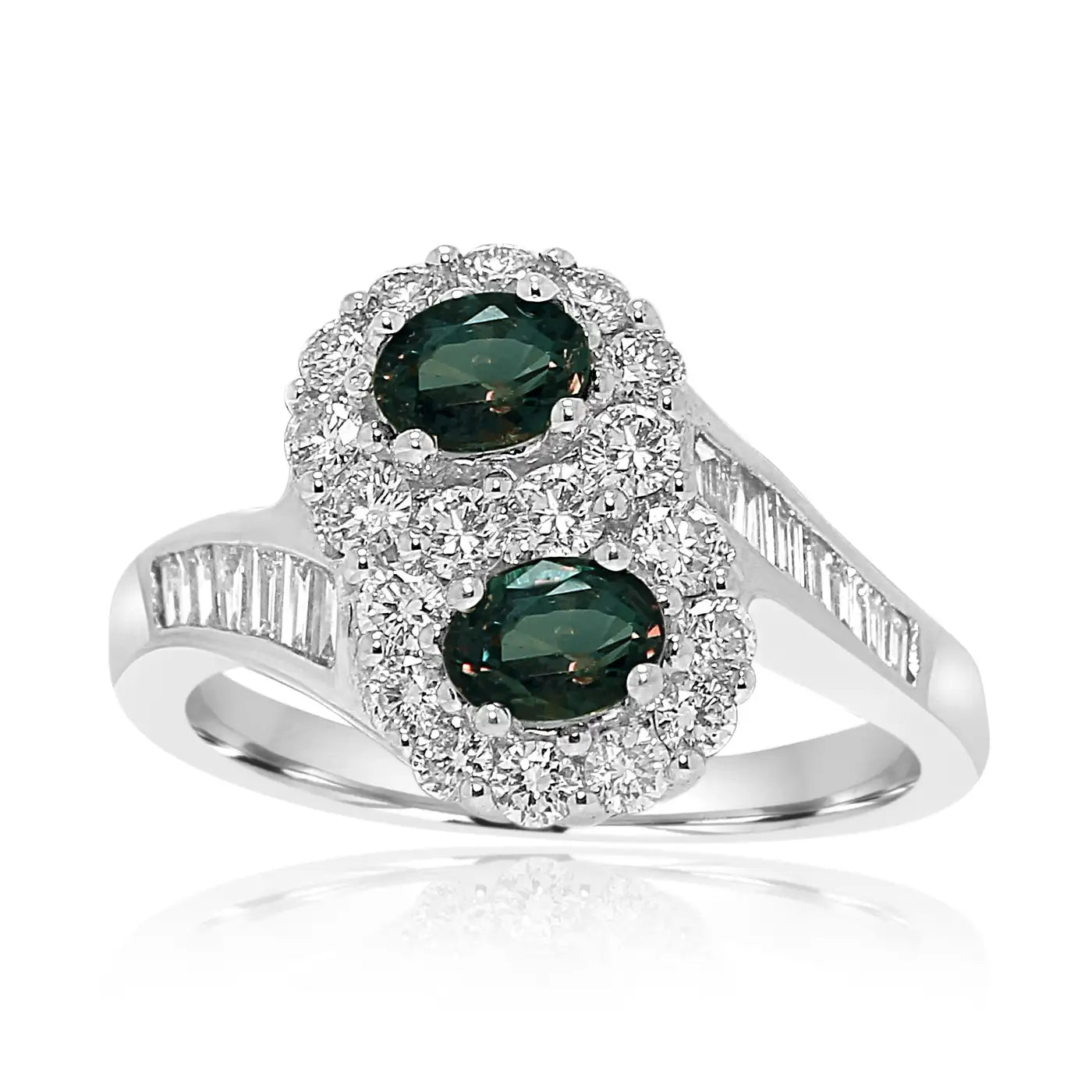 Anillo Toi et Moi de compromiso de oro de 18 quilates con halo de diamantes redondos de talla baguette y alejandrita