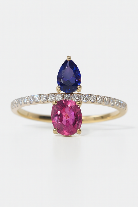 14kt Solid Yellow Gold Pink & Blue Sapphire Diamond Ring
