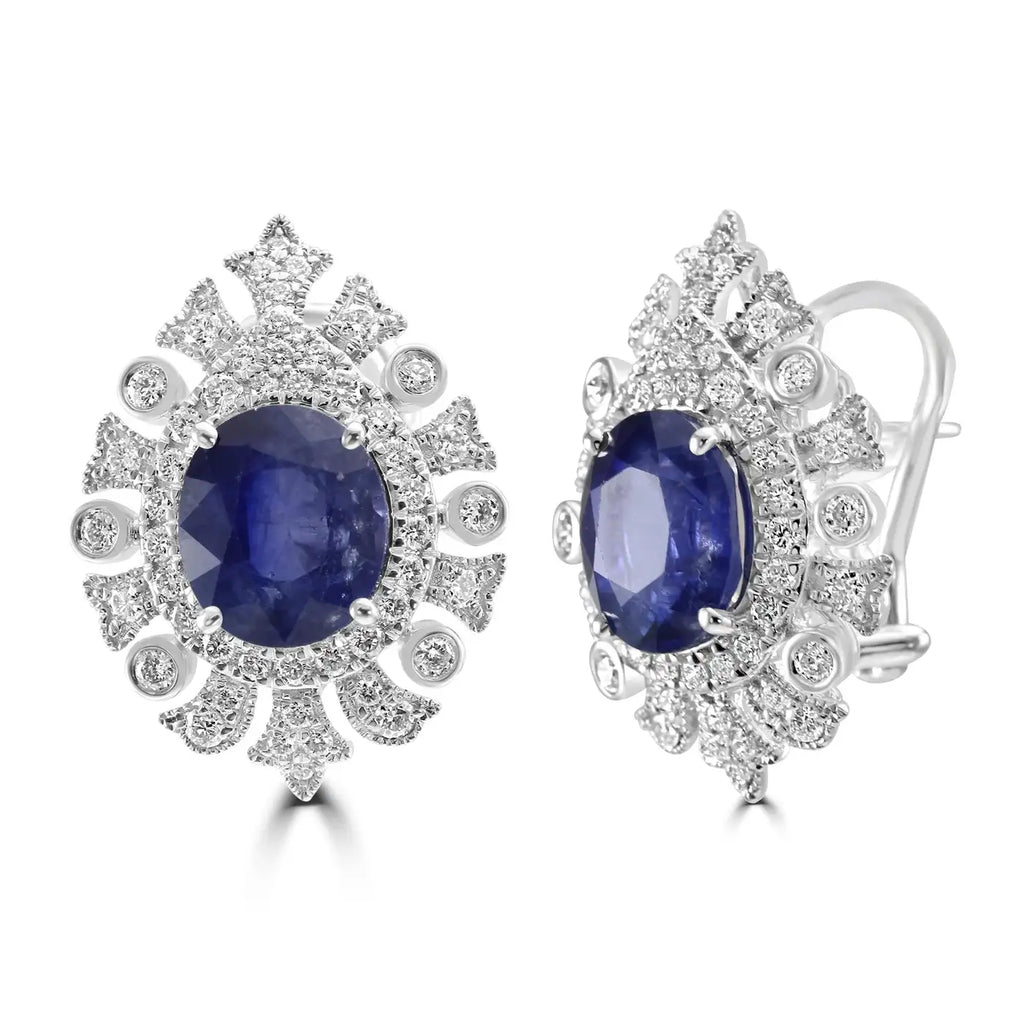 Pendiente Art Deco Halo de Oro de 18 K, Zafiro de Ceilán de 6,53 CT y Diamantes Blancos Redondos