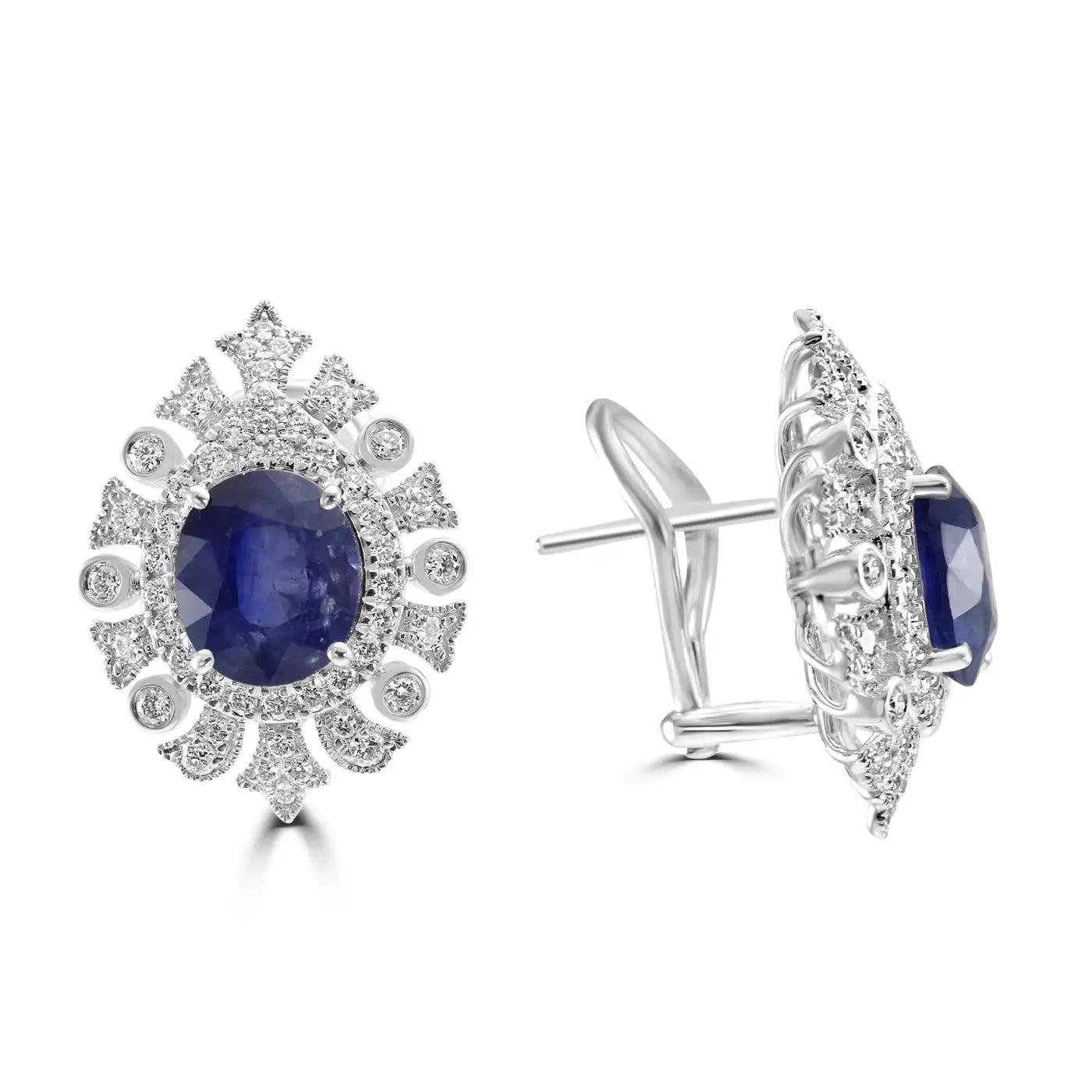 18K Gold Art Deco Halo Earring, Ceylon Sapphire 6.53 CT And White Round Diamonds