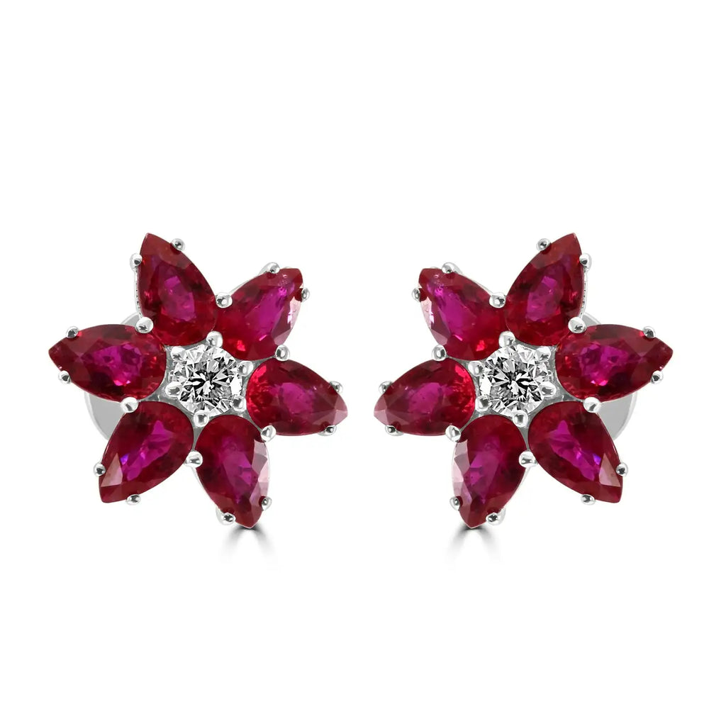 Pendientes de oro blanco de 18 quilates con forma de "flor" redonda con diamantes y rubíes