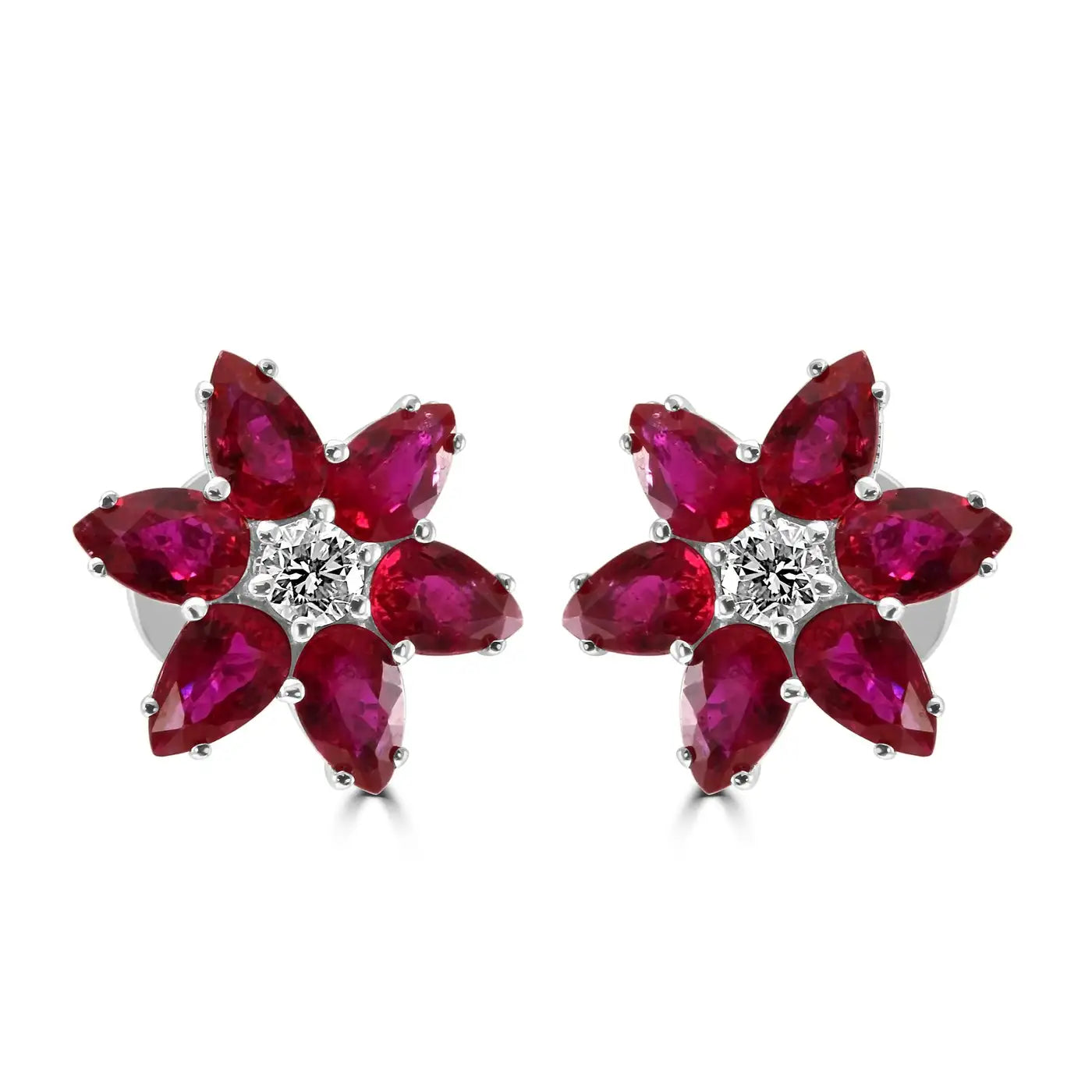 18K White Gold Stud Earrings Ruby Pear Diamond Round "Flower" Shape