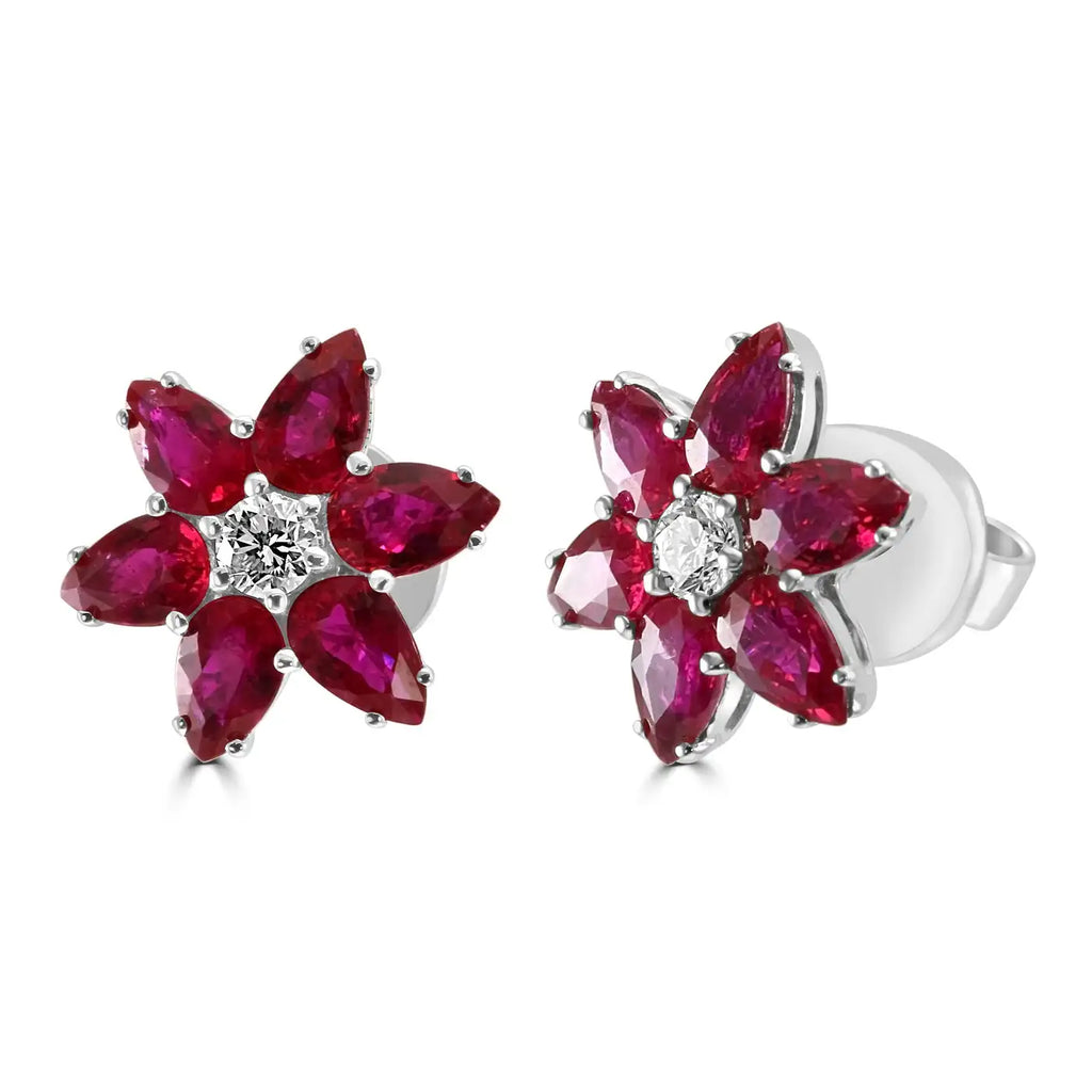 Pendientes de oro blanco de 18 quilates con forma de "flor" redonda con diamantes y rubíes