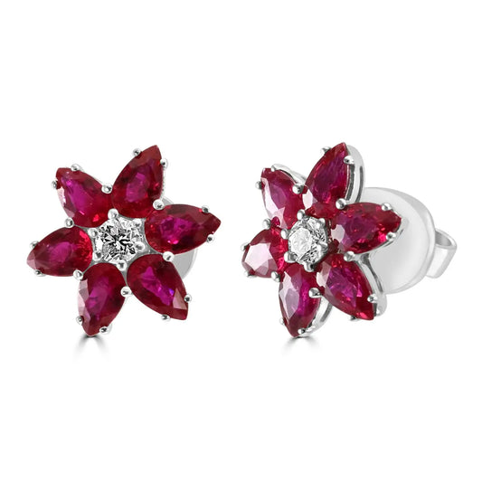 18K White Gold Stud Earrings Ruby Pear Diamond Round "Flower" Shape