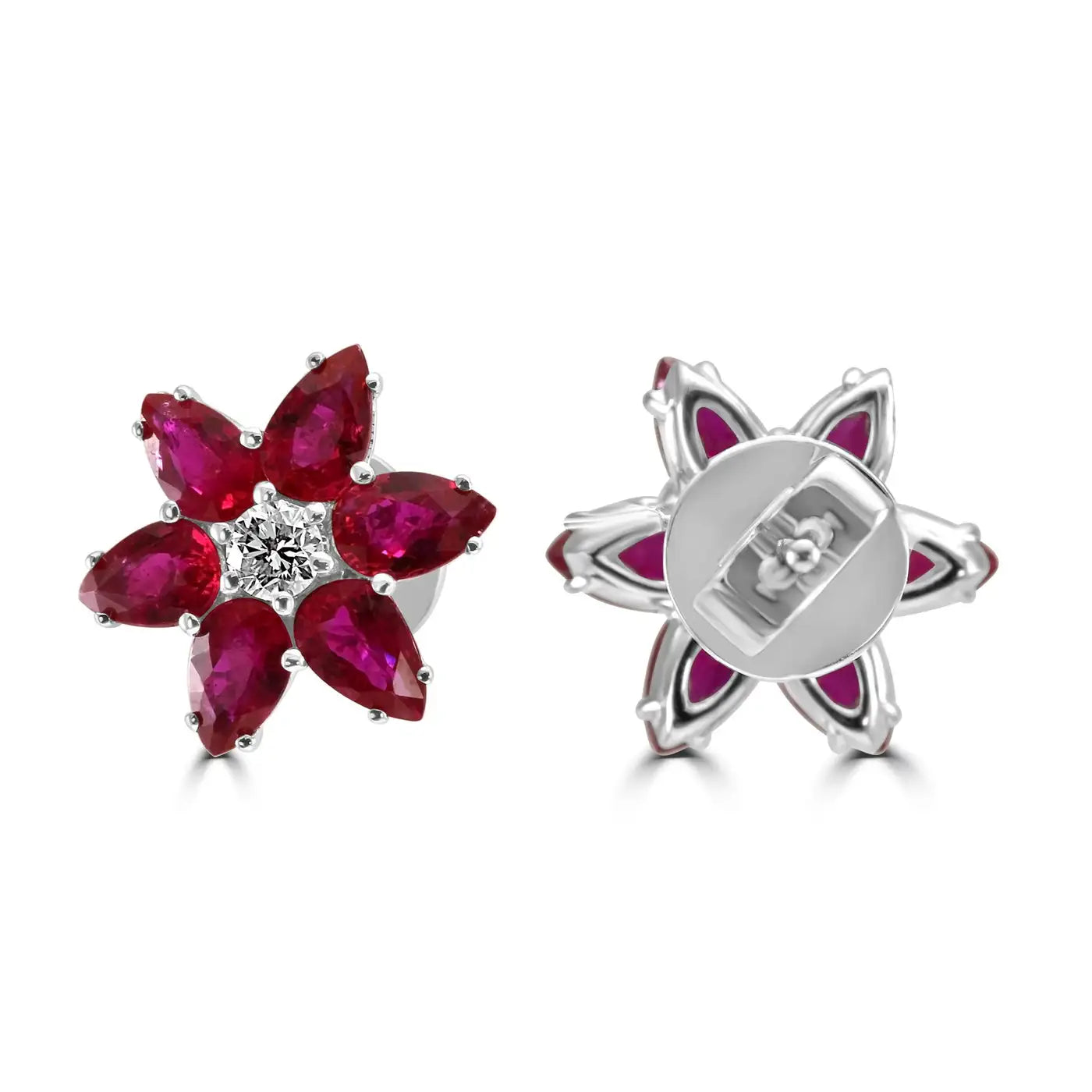 18K White Gold Stud Earrings Ruby Pear Diamond Round "Flower" Shape