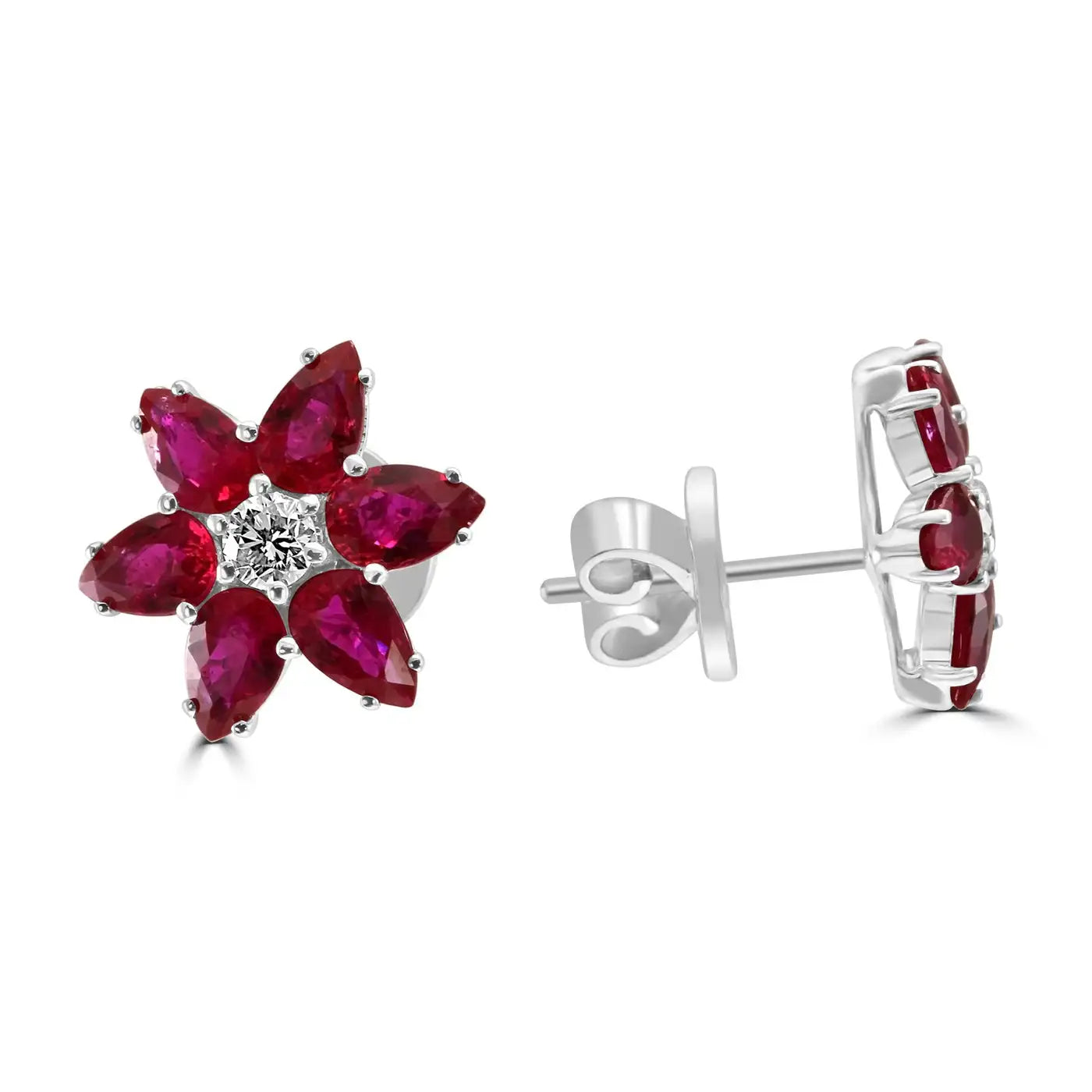 18K White Gold Stud Earrings Ruby Pear Diamond Round "Flower" Shape