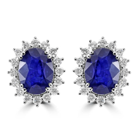 18K Gold Stud Earring Ceylon Sapphire Oval 10.05 Carats And White Rounds Diamonds Halo