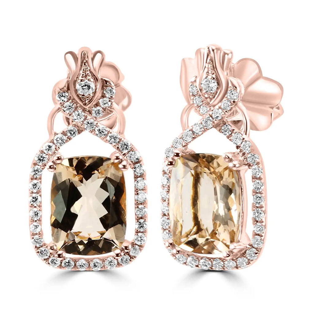 Morganite Cushion White Rounds Diamonds 18K Gold Fancy Drop Earring