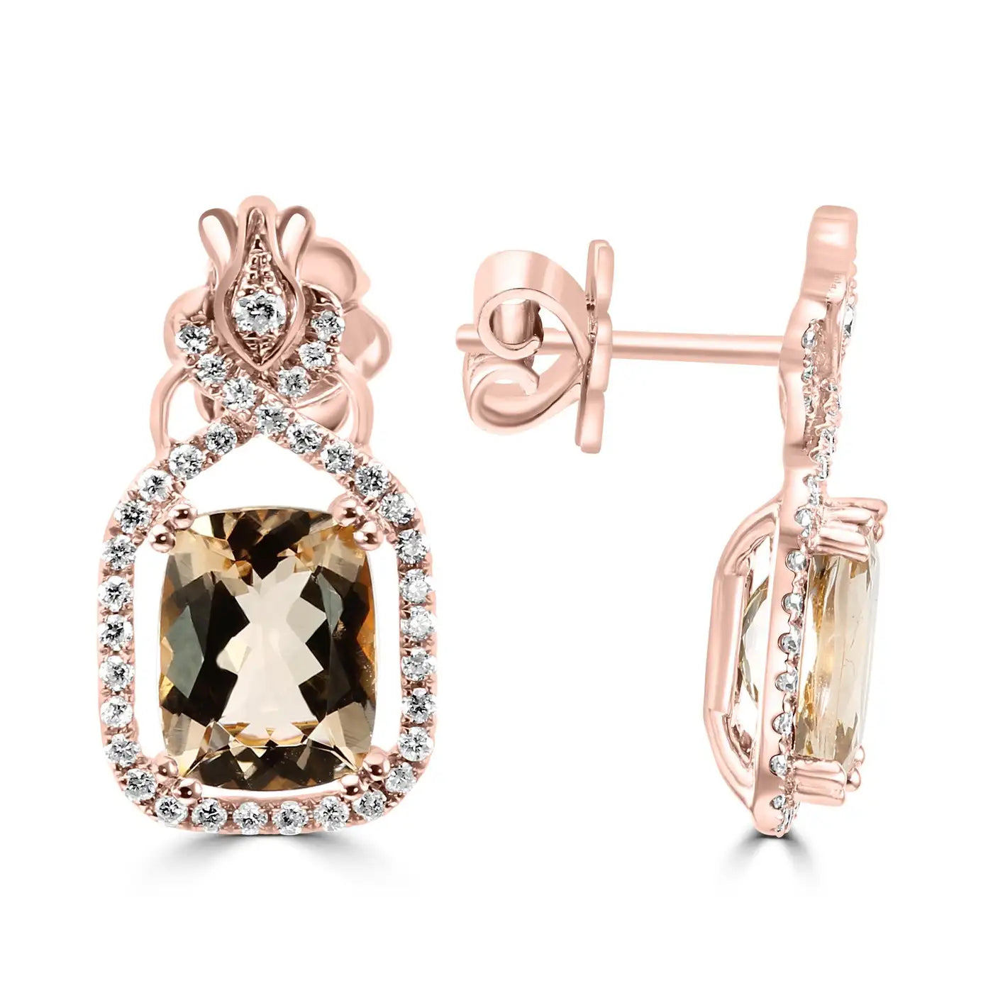 Morganite Cushion White Rounds Diamonds 18K Gold Fancy Drop Earring