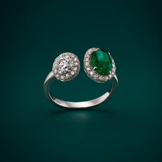 Emerald & Diamond Toi et Moi Ring – 14kt Solid White Gold