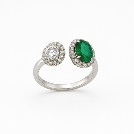 Emerald & Diamond Toi et Moi Ring – 14kt Solid White Gold