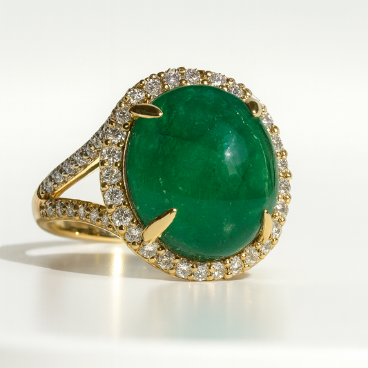 Emerald & Diamond Halo Cocktail Ring – 14kt Solid Yellow Gold