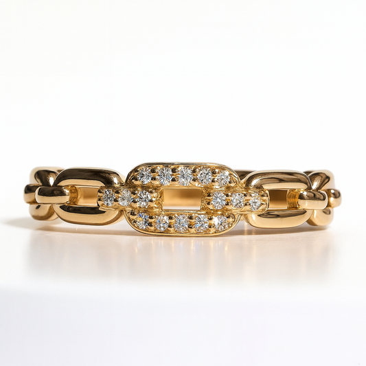 18kt Solid Yellow Gold Chain-Link Diamond Ring