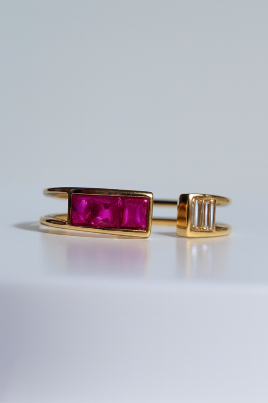 18kt Solid Yellow Gold Ruby & Diamond Open Ring