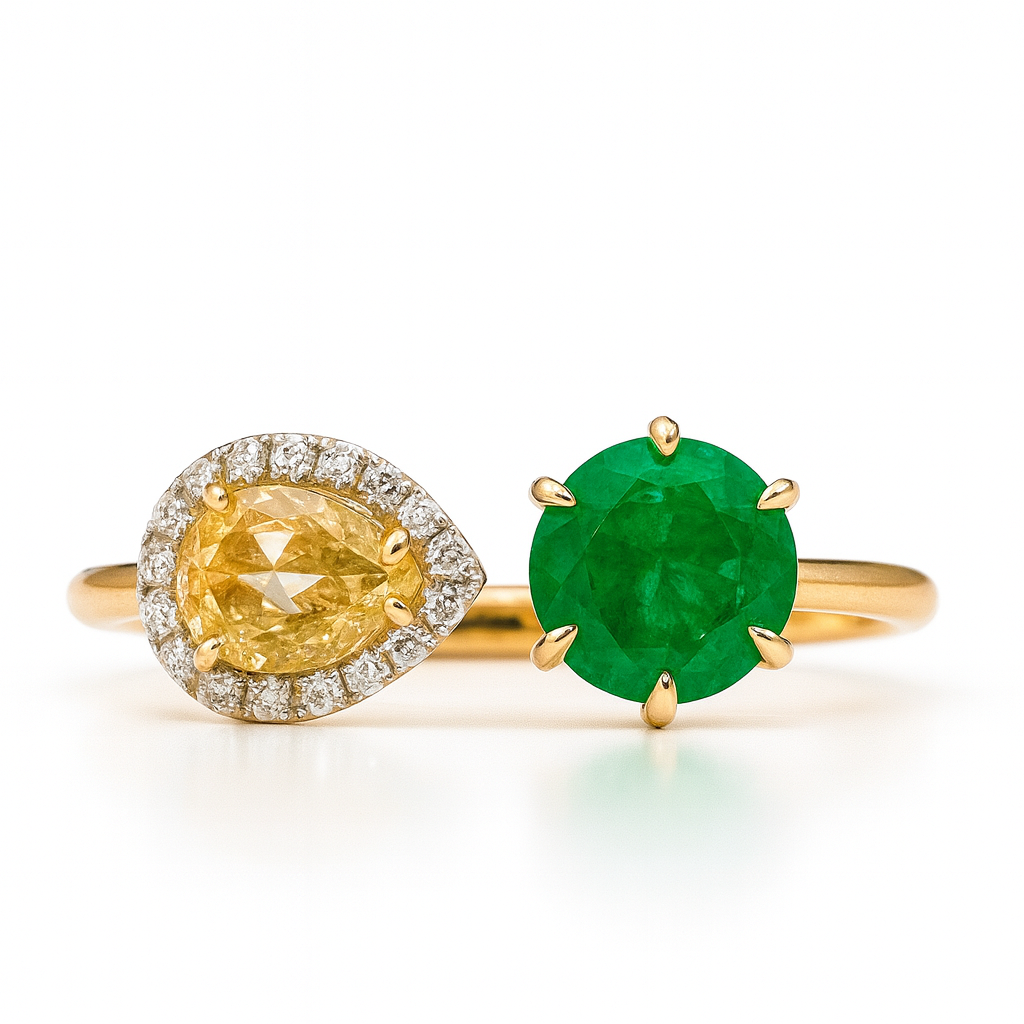 Emerald & Yellow Diamond Toi et Moi Ring – 14kt Solid Yellow Gold
