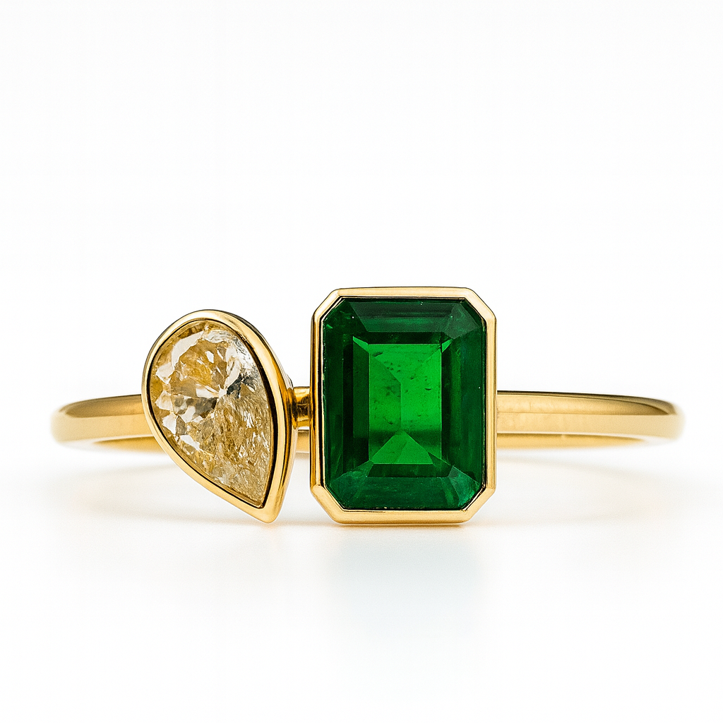 Colombian Emerald & Natural Yellow Diamond Toi et Moi Ring – 14kt Solid Yellow Gold