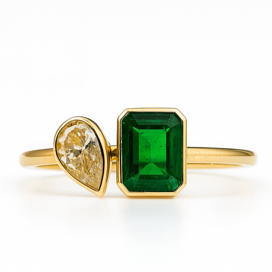 Colombian Emerald & Natural Yellow Diamond Toi et Moi Ring – 14kt Solid Yellow Gold