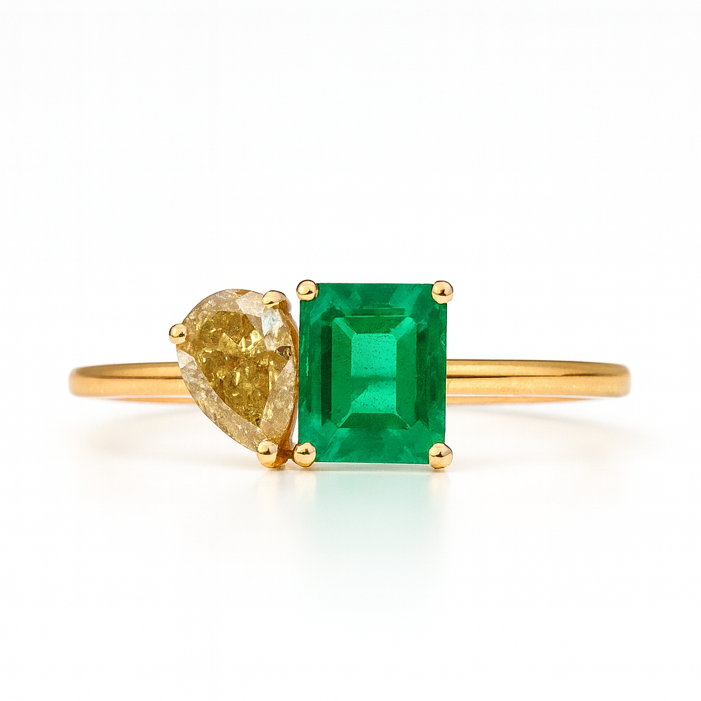Emerald Cut Colombian Emerald & Yellow Diamond Toi et Moi Ring – 14kt Solid Yellow Gold