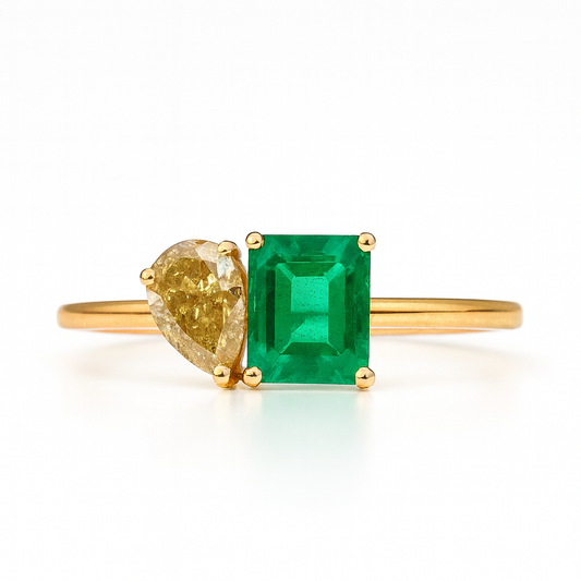 Emerald Cut Colombian Emerald & Yellow Diamond Toi et Moi Ring – 14kt Solid Yellow Gold