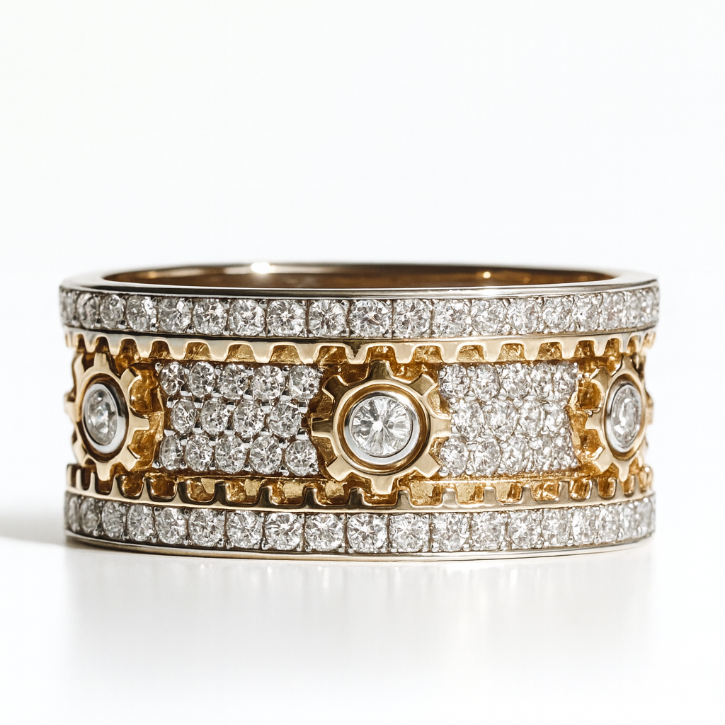 Two-Tone Diamond Gear Motif Band – 18kt Solid Yellow & White Gold