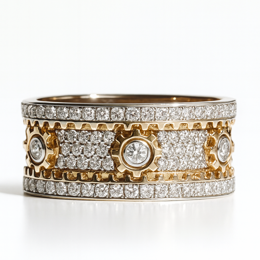 Two-Tone Diamond Gear Motif Band – 18kt Solid Yellow & White Gold