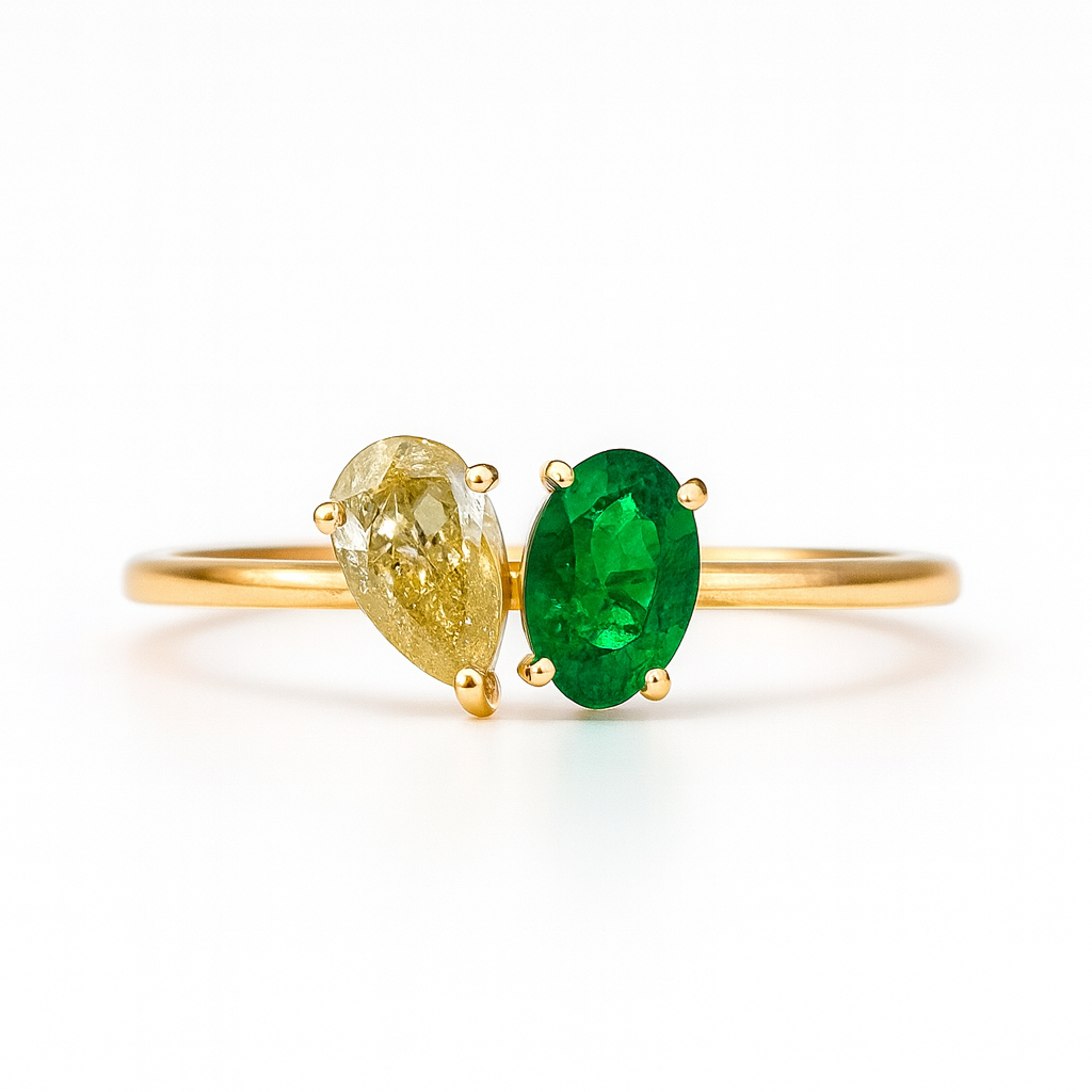 Emerald & Yellow Diamond Toi et Moi Ring – 14kt Solid Yellow Gold