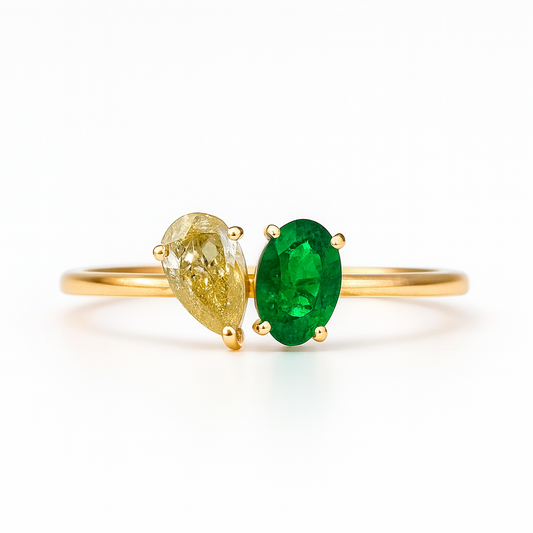 Emerald & Yellow Diamond Toi et Moi Ring – 14kt Solid Yellow Gold