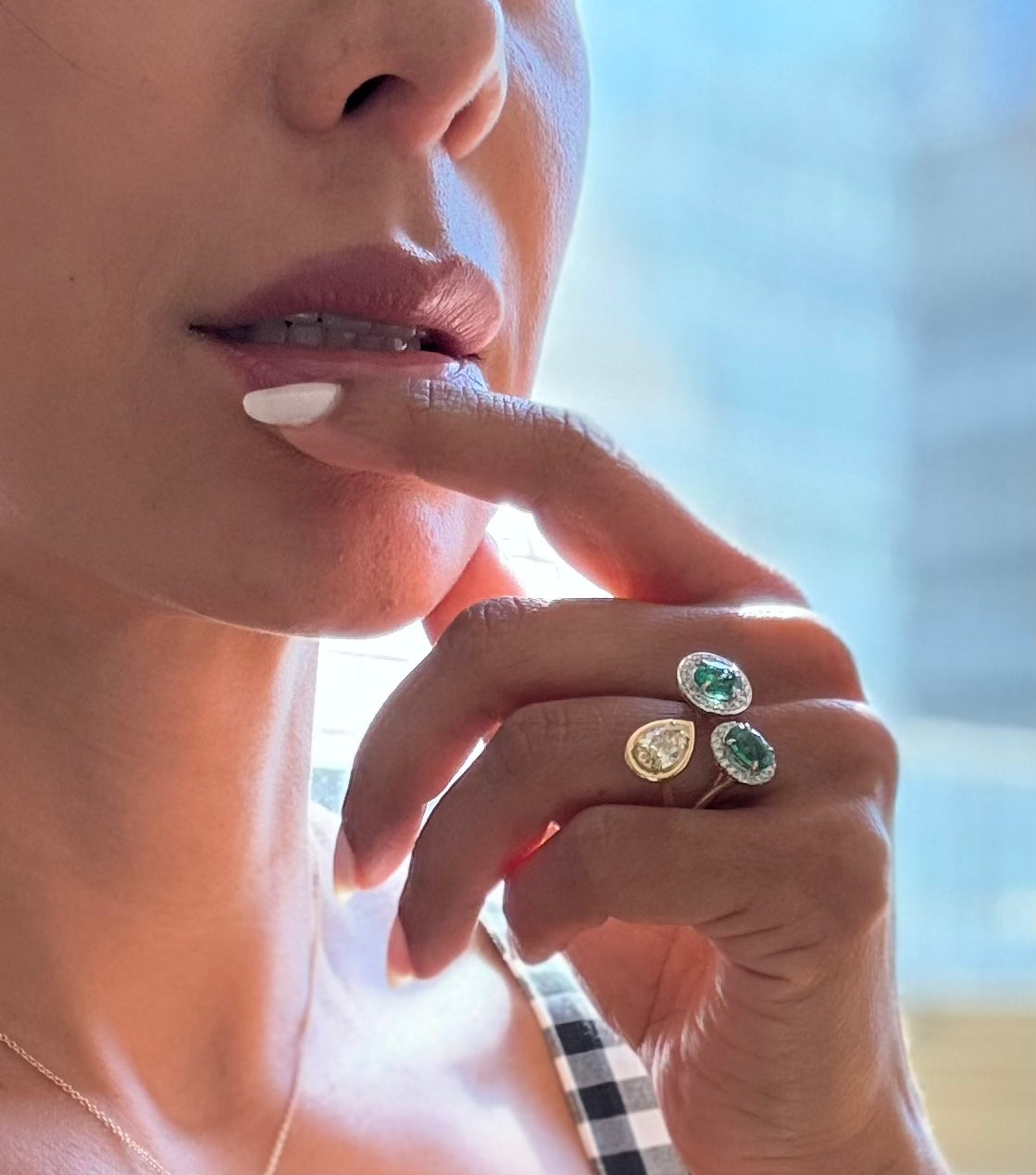 Emerald & Yellow Diamond Triple-Stone Ring – 14kt Solid Yellow Gold